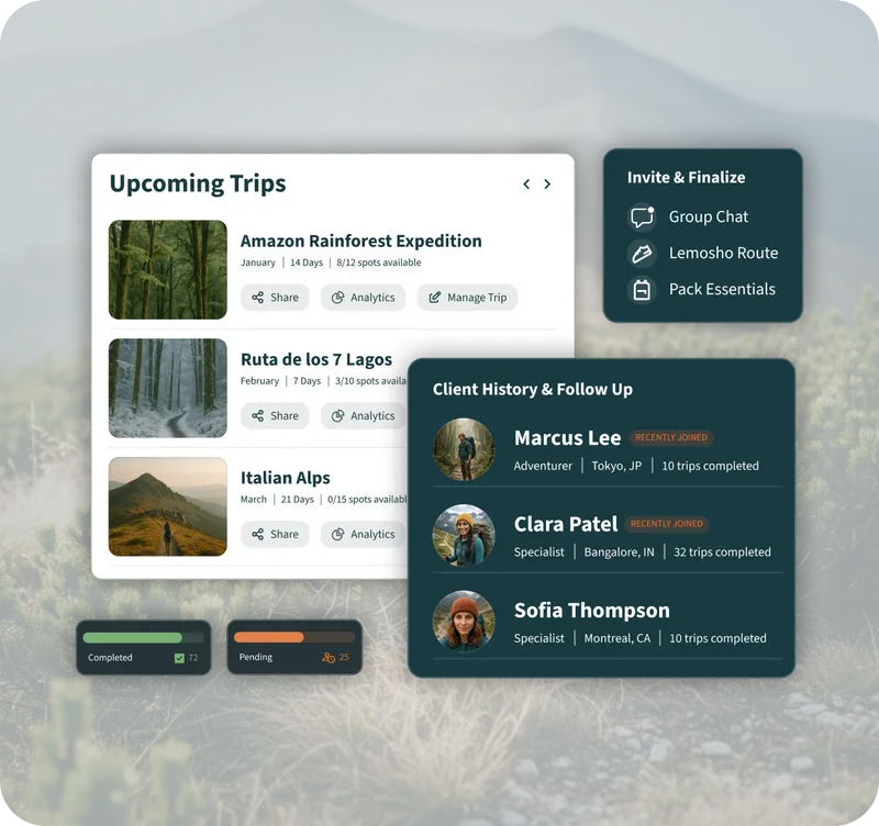 Trip management dashboard with upcoming trips and client history